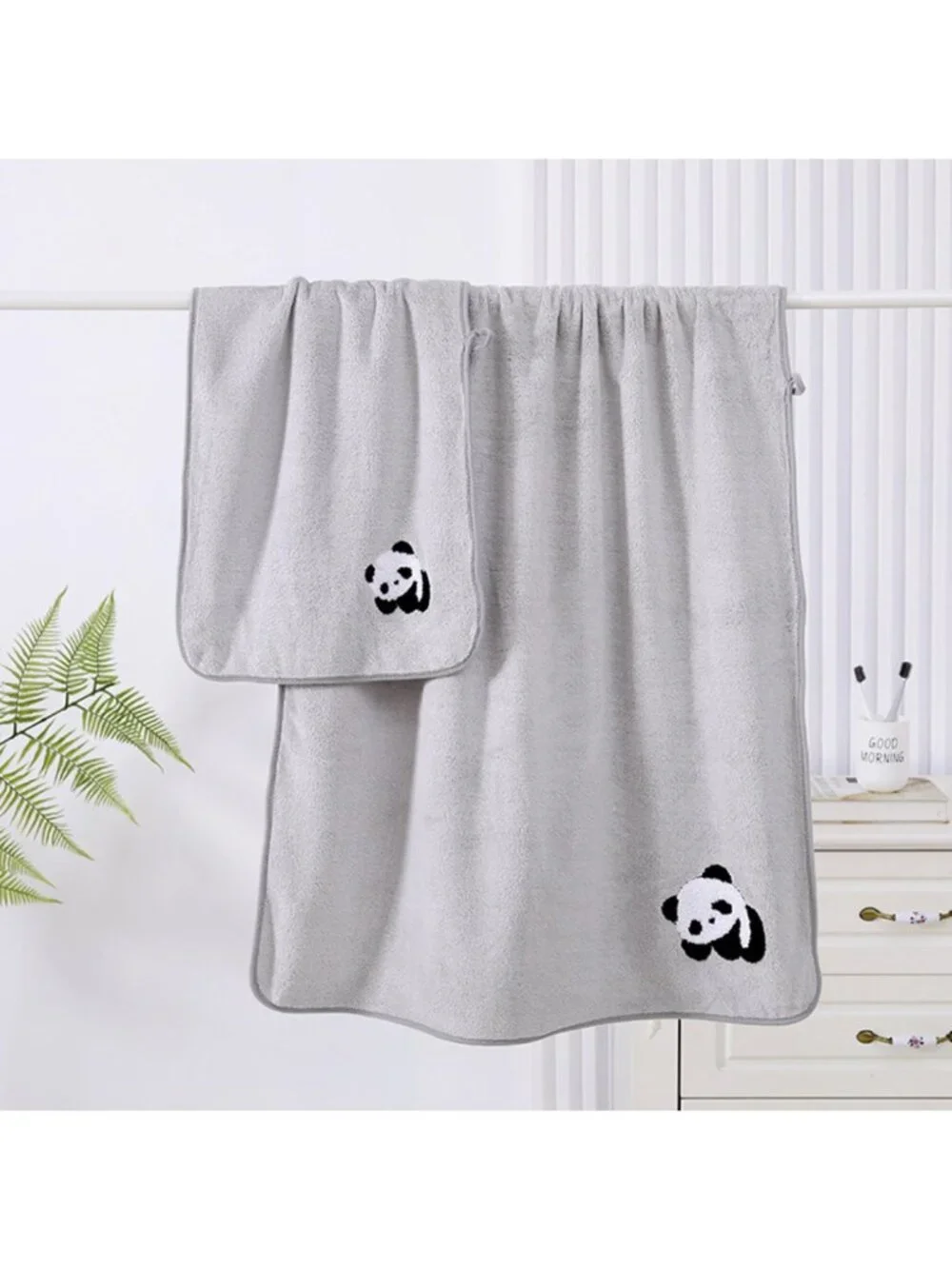 2 Pcs Grey Cartoon Panda Bath towel set